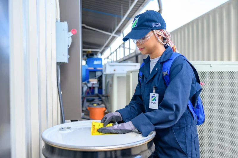 female pressing label on product in a warehouse