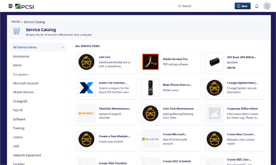 A screenshot of the PCSI FreshDesk Services page. On the left side, a column displays the menu of available purchasing options by category; on the right side, individual items are labeled and available for request.