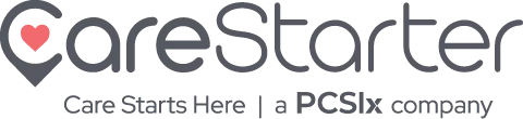 LOGO_96ppi_CareStarter_gray_Tagline+PCSIx company CareStarter Logo with the tagline Care Starts Here, a PCSIx company